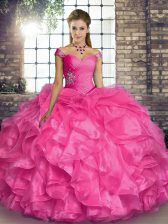 Suitable Off The Shoulder Sleeveless Lace Up Sweet 16 Quinceanera Dress Hot Pink Organza