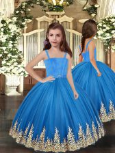 Low Price Baby Blue Straps Neckline Embroidery Kids Pageant Dress Sleeveless Lace Up