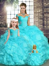 Artistic Aqua Blue Sleeveless Floor Length Beading and Ruffles Lace Up Quinceanera Gowns