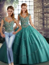  Teal Lace Up Straps Beading and Appliques Sweet 16 Quinceanera Dress Tulle Sleeveless