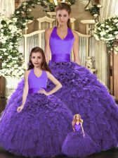 Elegant Purple Lace Up Halter Top Ruffles Sweet 16 Dresses Tulle Sleeveless