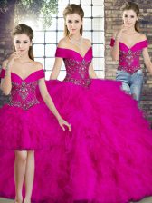 Suitable Sleeveless Floor Length Beading and Ruffles Lace Up Vestidos de Quinceanera with Fuchsia