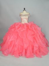  Floor Length Watermelon Red 15 Quinceanera Dress Off The Shoulder Sleeveless Lace Up