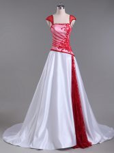 Unique White And Red Prom Dresses Strapless Cap Sleeves Court Train Lace Up