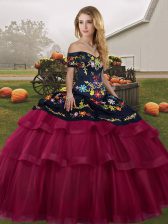 Sweet Sleeveless Tulle Brush Train Lace Up 15 Quinceanera Dress in Fuchsia with Embroidery and Ruffled Layers