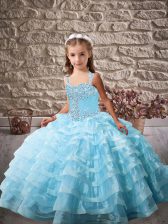  Baby Blue Ball Gowns Beading and Ruffled Layers Little Girls Pageant Dress Lace Up Organza Sleeveless