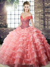  Watermelon Red Quinceanera Gowns Organza Brush Train Sleeveless Beading and Ruffled Layers
