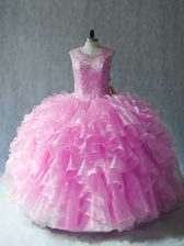  Lilac Organza Lace Up Quinceanera Gowns Sleeveless Floor Length Beading and Ruffles