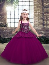 New Style Beading Girls Pageant Dresses Fuchsia Lace Up Sleeveless Floor Length