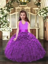 Top Selling Floor Length Lace Up Kids Formal Wear Eggplant Purple and Purple for Party and Sweet 16 and Wedding Party with Ruffles