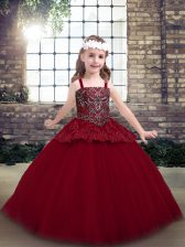  Red Tulle Zipper Child Pageant Dress Sleeveless Floor Length Beading