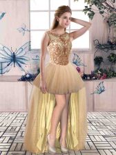 Fitting Champagne Lace Up Prom Dress Beading Sleeveless High Low