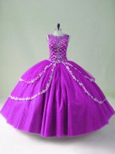Unique Purple Zipper Scoop Beading and Appliques Quinceanera Gown Tulle Sleeveless