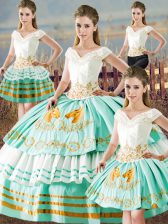 Colorful Apple Green V-neck Neckline Embroidery and Ruffled Layers Quinceanera Gown Sleeveless Lace Up