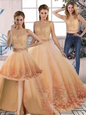 Customized Peach Backless Scalloped Lace Quince Ball Gowns Tulle Sleeveless Sweep Train