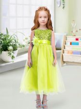 Yellow Green Toddler Flower Girl Dress Wedding Party with Sequins and Hand Made Flower Scoop Sleeveless Zipper