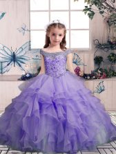 Top Selling Floor Length Lace Up Little Girls Pageant Dress Lavender for Party and Sweet 16 and Wedding Party with Beading and Ruffles