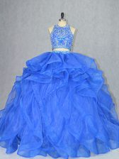  Backless 15th Birthday Dress Blue for Sweet 16 and Quinceanera with Beading and Ruffles Court Train