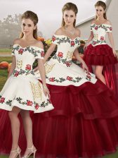 Decent Sleeveless Brush Train Lace Up Embroidery and Ruffled Layers 15 Quinceanera Dress
