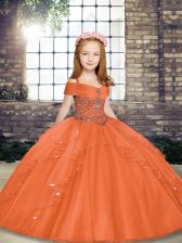 New Arrival Orange Ball Gowns Beading Child Pageant Dress Lace Up Tulle Sleeveless Floor Length