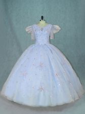  Floor Length Light Blue Ball Gown Prom Dress V-neck Short Sleeves Zipper
