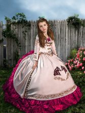  White Ball Gowns Satin and Organza Straps Sleeveless Embroidery and Ruffles Lace Up Little Girl Pageant Dress Sweep Train
