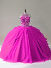  Halter Top Sleeveless Tulle Quinceanera Dresses Beading Lace Up