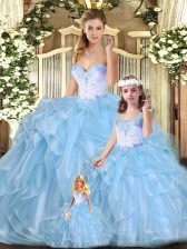 Custom Made Blue Sweetheart Lace Up Beading and Ruffles Quinceanera Gowns Sleeveless