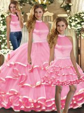  Pink Sweet 16 Dress Sweet 16 and Quinceanera with Beading and Ruffled Layers Halter Top Sleeveless Backless