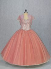 Comfortable Watermelon Red Lace Up Sweetheart Beading Quinceanera Dress Tulle Sleeveless