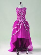 Smart Fuchsia Sleeveless High Low Beading and Appliques Zipper Prom Dress