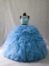  Blue Two Pieces Beading and Ruffles Quinceanera Dress Zipper Organza Sleeveless