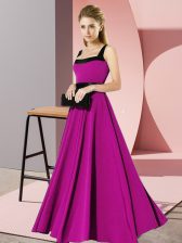 Adorable Floor Length Fuchsia Quinceanera Court of Honor Dress Chiffon Sleeveless Belt
