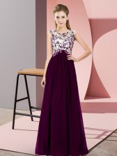 Beautiful Dark Purple Empire Scoop Sleeveless Chiffon Floor Length Zipper Beading and Appliques Dama Dress for Quinceanera