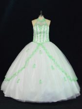 Popular Halter Top Sleeveless Sweet 16 Quinceanera Dress Floor Length Appliques White Tulle