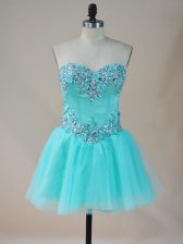 Sweet Aqua Blue Lace Up Beading Sleeveless Mini Length