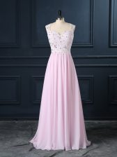 High Class Baby Pink Backless Straps Beading and Lace Homecoming Dress Chiffon Cap Sleeves