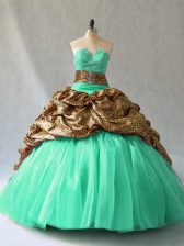  Beading and Pick Ups 15 Quinceanera Dress Turquoise Lace Up Sleeveless Brush Train