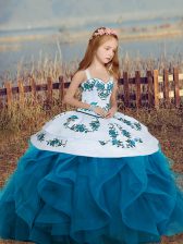  Ball Gowns Little Girl Pageant Gowns Blue Straps Sleeveless Floor Length Lace Up