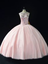  Pink Lace Up Quinceanera Gowns Beading Sleeveless Floor Length