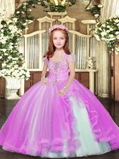 Dramatic Tulle Sleeveless Floor Length Little Girl Pageant Gowns and Beading