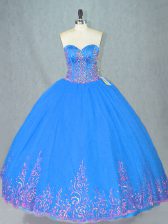 Pretty Blue Tulle Lace Up Sweetheart Sleeveless Floor Length Sweet 16 Quinceanera Dress Beading and Embroidery