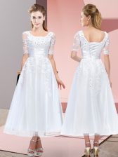  White Short Sleeves Tea Length Beading and Lace Lace Up Quinceanera Court Dresses