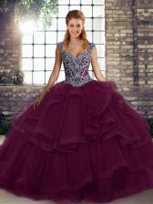  Sleeveless Floor Length Beading and Ruffles Lace Up Sweet 16 Quinceanera Dress with Dark Purple