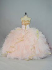  Floor Length Peach Quinceanera Dress Organza Sleeveless Beading and Ruffles