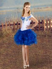  Mini Length Blue And White Evening Dress Organza Sleeveless Embroidery and Ruffles