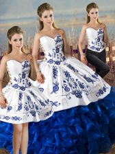  Floor Length Lace Up 15 Quinceanera Dress Blue And White for Sweet 16 and Quinceanera with Embroidery and Ruffles