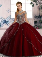 Sophisticated Cap Sleeves Brush Train Lace Up Beading 15 Quinceanera Dress
