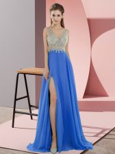  Chiffon V-neck Sleeveless Sweep Train Zipper Beading in Blue