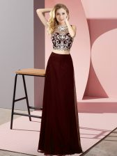  Brown Two Pieces Beading Evening Dress Backless Chiffon Sleeveless Floor Length
